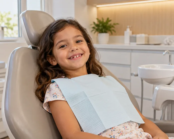Criança sorrindo, sentada na cadeira de um consultório odontológico