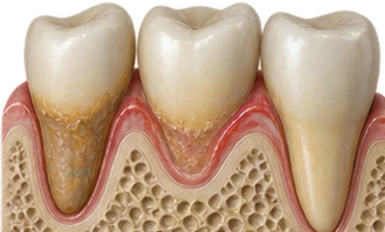 Três dentes em corte, com placa e tártaro acumulados junto à gengiva