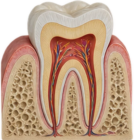 Dente molar em corte, mostrando esmalte, dentina, polpa e os canais das raízes